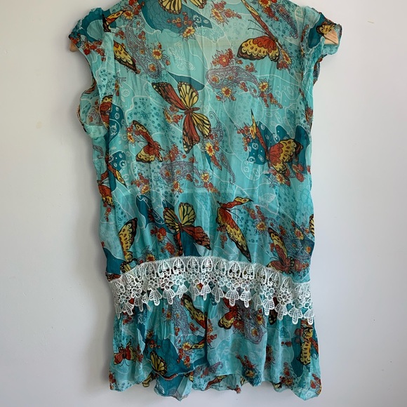Sheer aqua blue monarch butterfly lace trim blouse - Picture 3 of 4